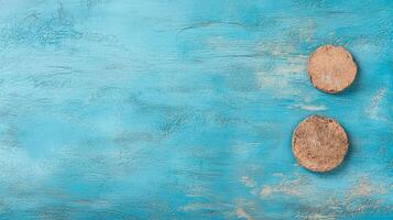 Rustic Blue Wooden Background with Round Clay Pieces photo