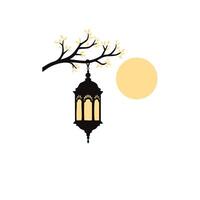 A lantern hanging from a tree branch with a sun in the background vector