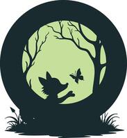 A silhouette of a fox and a butterfly in a circle vector