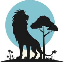 A lion stands in front of a tree and a full moon vector