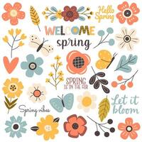 Spring-themed collection with flowers, leaves, butterflies, and hand-lettered phrases. Pastel color palette with a playful, modern style. Perfect for prints, decor, invitations, and seasonal projects. vector