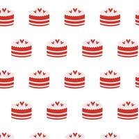 Seamless pattern with layered cakes topped with hearts. Red and white striped dessert design on a white background. Cute and sweet digital illustration for bakery, food, and festive projects. vector