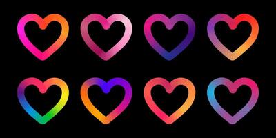 Set of gradient heart outlines in vibrant colors on a black background. Perfect for romantic designs, Valentine's Day, or love-themed projects. vector