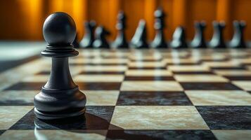 The black pawn is located in the foreground of the chessboard photo