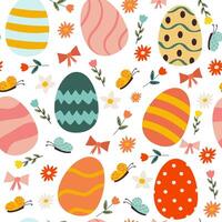 Seamless Easter pattern featuring colorful flat-style Easter eggs and delicate flowers on a cheerful background. This festive design is perfect for holiday wrapping paper, textiles, greeting cards. vector