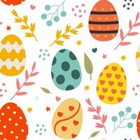 Seamless Easter pattern featuring colorful flat-style Easter eggs and delicate flowers on a cheerful background. This festive design is perfect for holiday wrapping paper, textiles, greeting cardss. vector