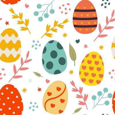 Seamless Easter pattern featuring colorful flat-style Easter eggs and delicate flowers on a cheerful background. This festive design is perfect for holiday wrapping paper, textiles, greeting cardss.