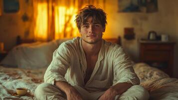 A man in a soft cotton pajama set sits on the bed, a cup of tea on the bed photo