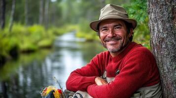A fisherman in a red sweater and hat fishes while leaning against a tree photo