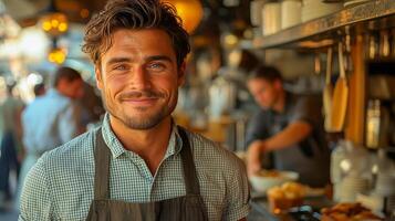 A waiter in a cafe stands against the background of a kitchen and smiles affably photo