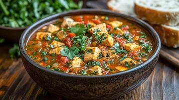 A bowl of hearty Georgian chakhokhbili, a slow-cooked chicken stew photo