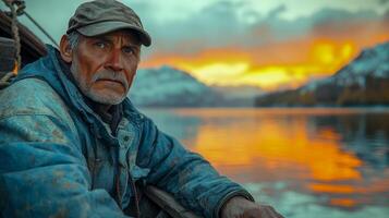 An experienced fisherman stands on the edge of a wooden boat on the shore of a calm lake photo
