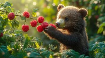 A bear cub carefully picks raspberries from a low-hanging branch in the forest photo