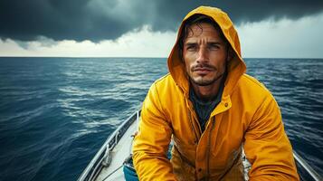 A fisherman in a cloak and hood stands on the bow of a boat in the open sea photo