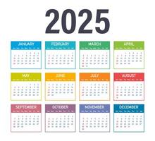 Colorful 2025 calendar showing all twelve months with highlighted weekends vector