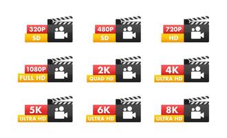 Clapperboard with resolution markings indicating broadcasting quality from SD to 8K Ultra HD vector