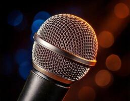 A microphone seen up close with a bokeh background. photo