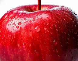 A red apple with dew droplets on its skin, looking fresh and shiny, captured in close-up photography. photo
