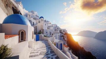 a Santorini Sunset Breathtaking View of Iconic Blue Domes and Aegean Sea. photo