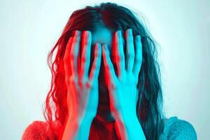 An individual covers their face with both hands, conveying a sense of distress or emotional turbulence, depicted in a close-up shot focusing on the hands and partial expression photo