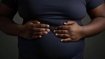Stomach cramps, hands and African man on isolated background. home with menstruation, periods or constipation. Tummy pain. photo