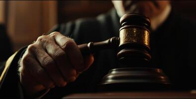 Hand holding a gavel above a sounding block, symbolizing legal decision-making.., photo