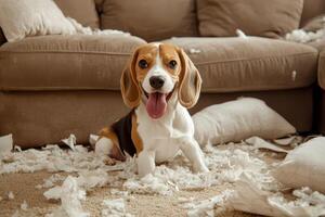 A beagle dog torn pillow stuffing and paper on a beige carpet.. photo