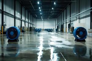an Industrial fan in a warehouse with a wet floor, cleanup, and pavement dried out. photo