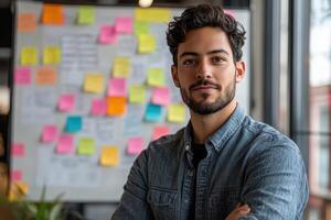 man in casual attire using colorful sticky notes to brainstorming about idea on a whiteboard.. photo