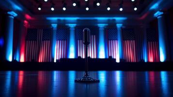 Pulpit with microphones and USA flag in the background, pulpit, microphones, USA flag, podium, speech... photo