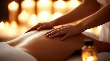 A serene woman lying on a massage table, enjoying a relaxing back massage in a peaceful spa setting photo