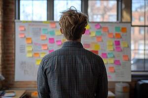 a man look to sticky notes on a task board to organize ideas and workflow in a office.,. photo