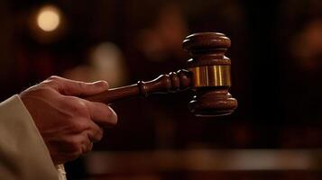 Hand holding a gavel above a sounding block, symbolizing legal decision-making photo