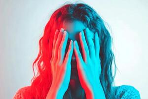 individual covers their face with both hands, conveying a sense of distress or emotional turbulence, depicted in a close-up shot focusing on the hands and partial expression., photo