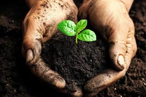 Hands holding and caring a green young plant.., photo