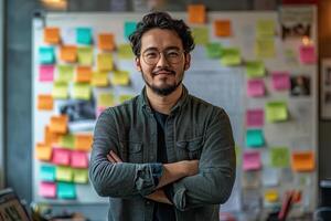 a man in casual attire using colorful sticky notes to brainstorming about idea on a whiteboard. photo