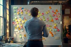 . man look to sticky notes on a task board to organize ideas and workflow in a office. photo