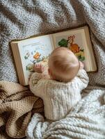 A baby is reading a cartoon animal book while laying on a bed., photo