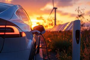 .Using of charge station, solar panel and windmill background. Sustainability assessment, renewable energy concept. Electric vehicle using sustainable source, wind generator. Saving, climate change. photo