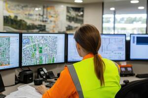 A woman in a safety vest is looking at a computer monitor.,.. photo