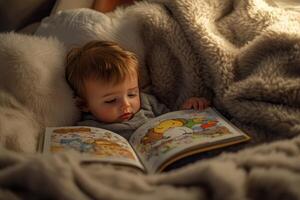 A baby is reading a cartoon animal book while laying on a bed. photo