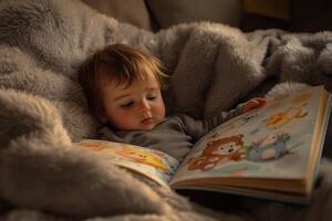 A baby is reading a cartoon animal book while laying on a bed,. photo