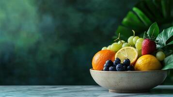 A vibrant bowl of mixed assorted fruits displaying healthy snacks with fresh grapes, orange, and strawberry photo