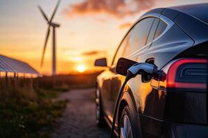 Using of charge station, solar panel and windmill background. Sustainability assessment, renewable energy concept. Electric vehicle using sustainable source, wind generator. Saving, climate change.. photo