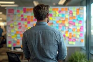 a man look to sticky notes on a task board to organize ideas and workflow in a office.. photo