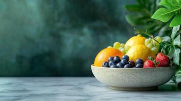 vibrant bowl of mixed assorted fruits displaying healthy snacks with fresh grapes, orange, and strawberry. photo