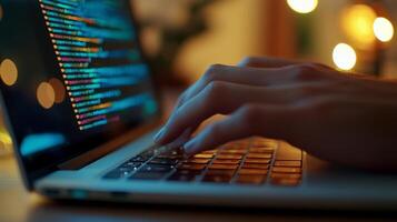 Close up of female hands while typing on laptop. displaying lines of colorful programming code on the screen.,. photo
