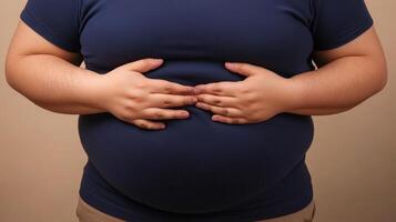 Stomach cramps, hands and man on isolated background. home with menstruation, periods or constipation. Tummy pain., photo