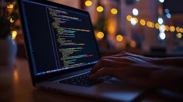 Close up of female hands while typing on laptop. displaying lines of colorful programming code on the screen photo