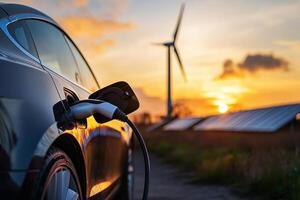 Using of charge station, solar panel and windmill background. Sustainability assessment, renewable energy concept. Electric vehicle using sustainable source, wind generator. Saving, climate change., photo